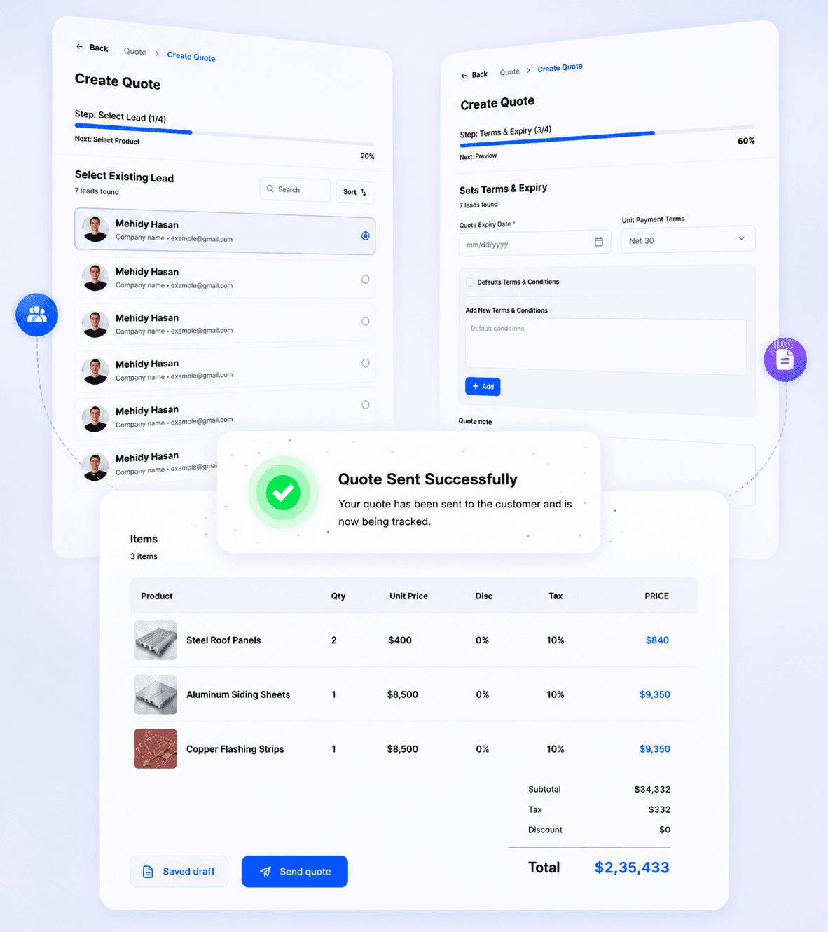 Guided quote builder with lead selection, terms and a sent-quote confirmation